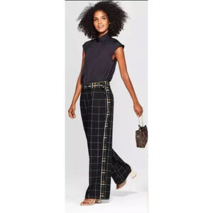 Who‎ What Wear Women 16 Pants Trousers Wide Leg Windowpane Plaid Belt Black NWT